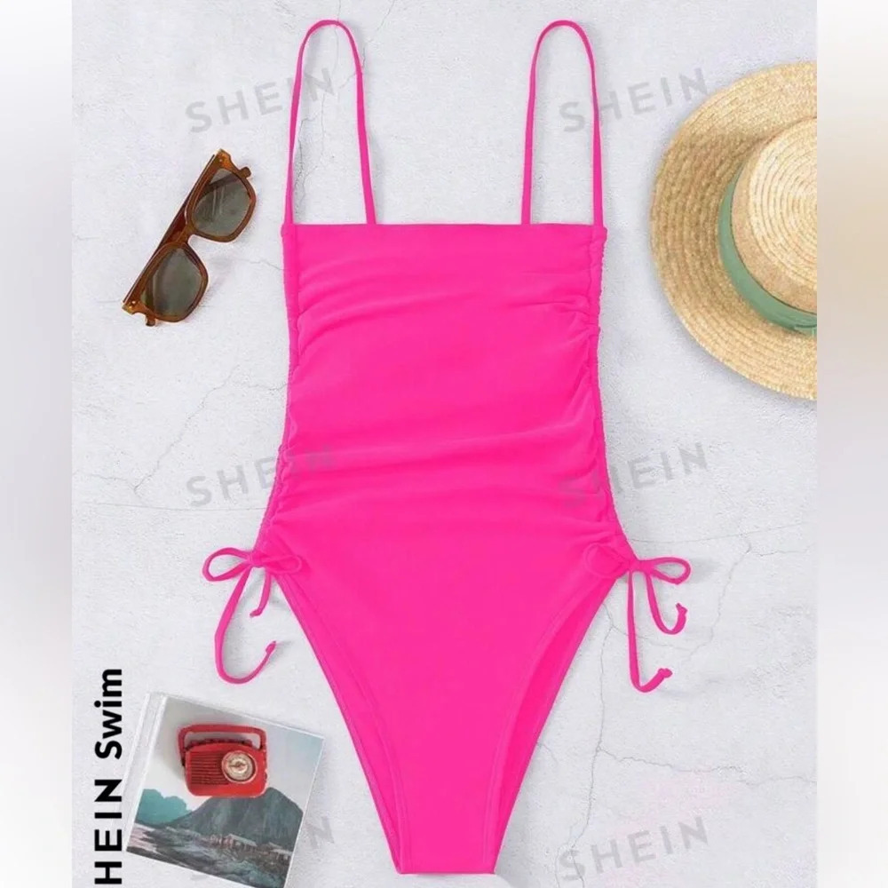 Women’s hot pink one piece side tie bathing suit~ Size Large - Picture 1 of 3